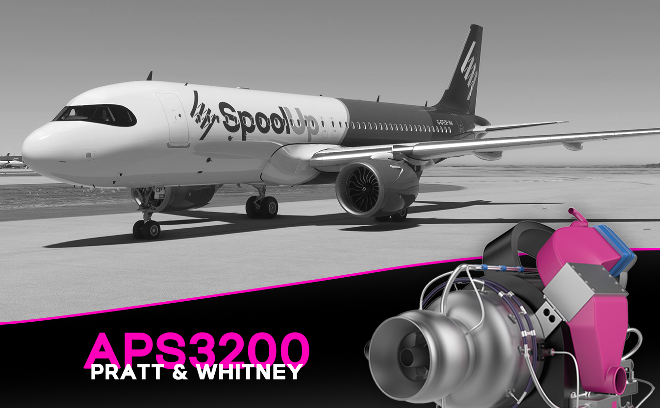 Airbus A320 aircraft with APS3200 APU highlighted, showing the power unit used for onboard air and electrical systems