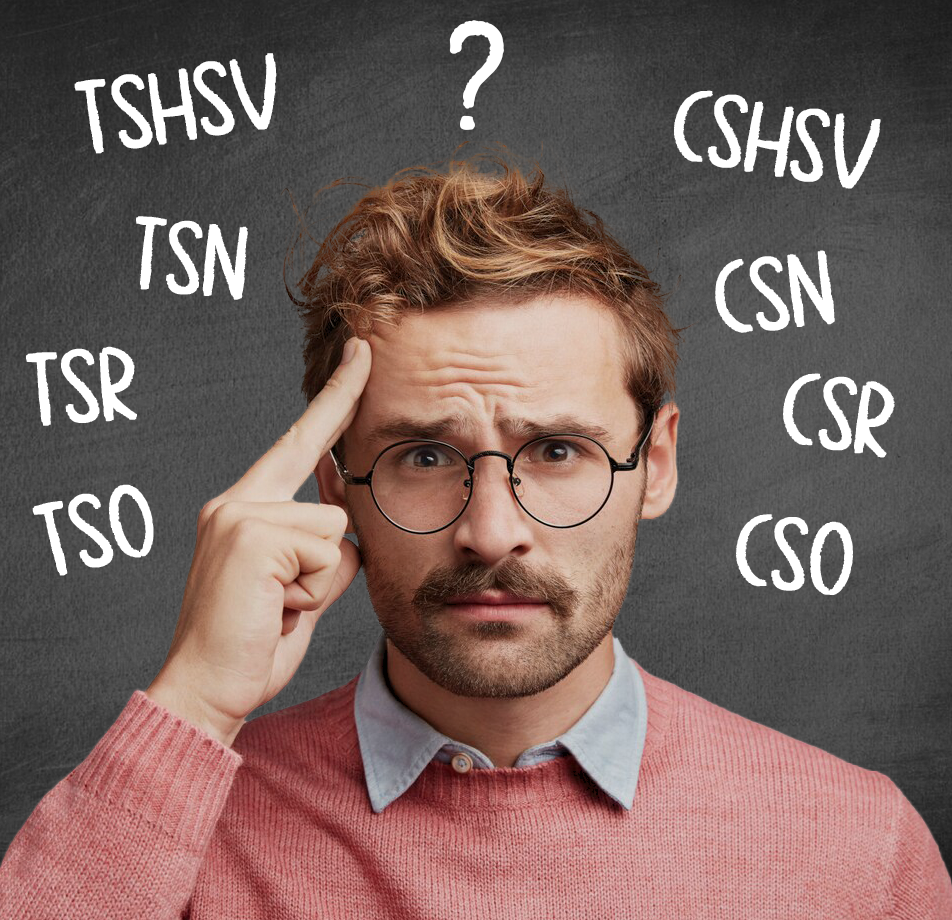 Confused person surrounded by aviation acronyms like TSR, TSO, TSN, and TSHSV representing complexity of APU evaluation metrics