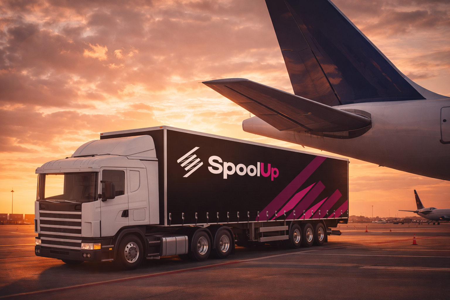 SpoolUp branded transport truck used for logistics and movement of aviation assets such as APUs