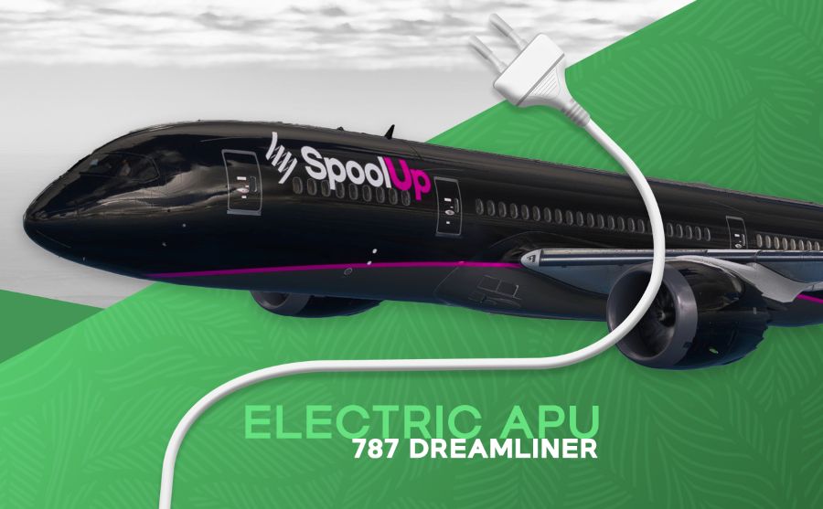 Boeing 787 Dreamliner with electric APU concept, highlighting all-electric auxiliary power system and modern aircraft technology